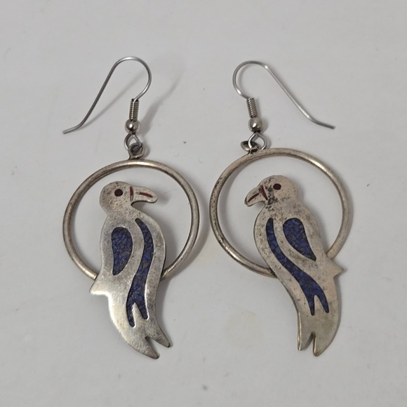 Alpaca Mexico Jewelry - Vintage Alpaca Silver Bird Hoop Earrings Blue Inlay Boho Dangle Drop Fishhook